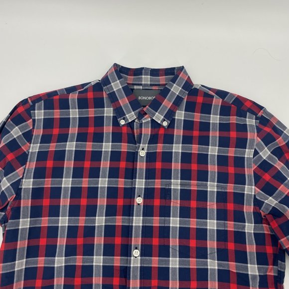 Bonobos Mens Size Medium Red Gingham Plaid Check Button Front Shirt Slim Fit - Picture 2 of 6